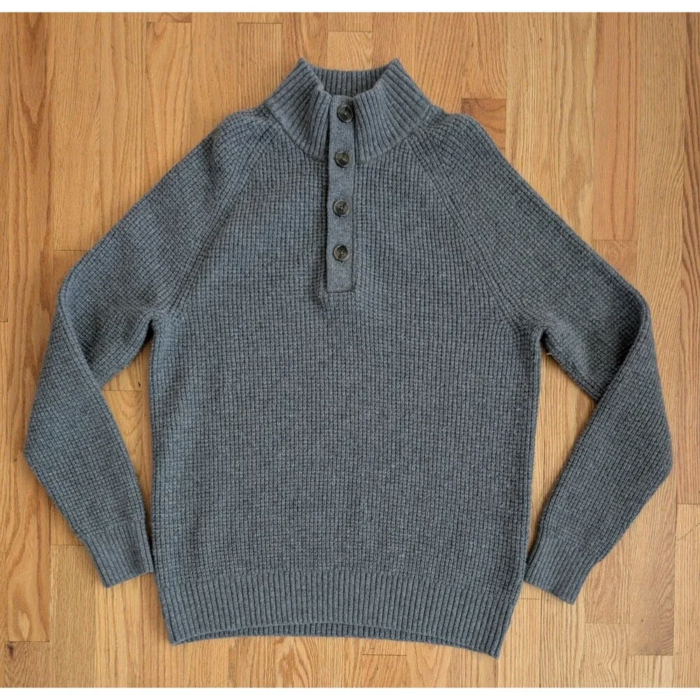 Banana Republic Sweater Mens Large Italian Yarn Waffle Knit Wool Henley Grey
